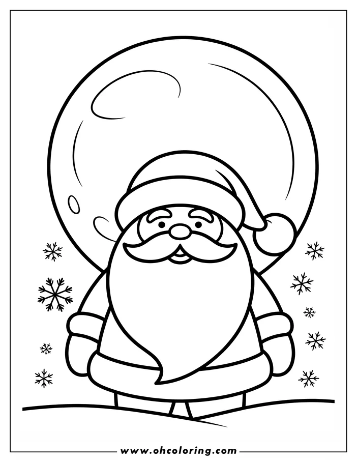 Santa Claus with a large beard and a pompom hat stands in the snow surrounded by snowflakes.
