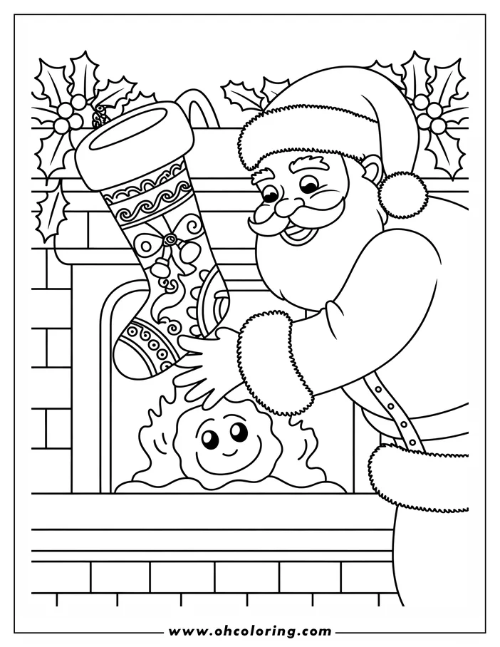 Line art of Santa Claus holding a decorated Christmas stocking by a fireplace with a smiling fire.