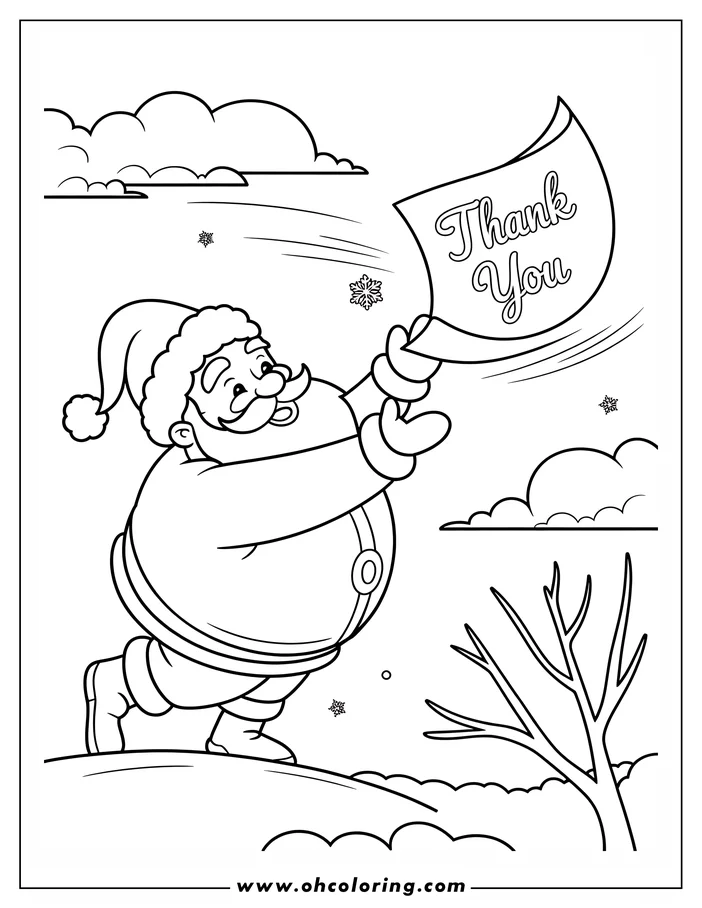 Santa Claus, wearing his traditional suit and hat, holds a Thank You note. Snowflakes fall around him, and a bare tree stands in the snowy background.