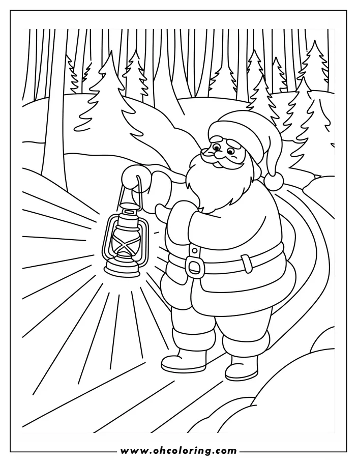 Santa Claus holding a lantern in a snowy forest, surrounded by trees. 