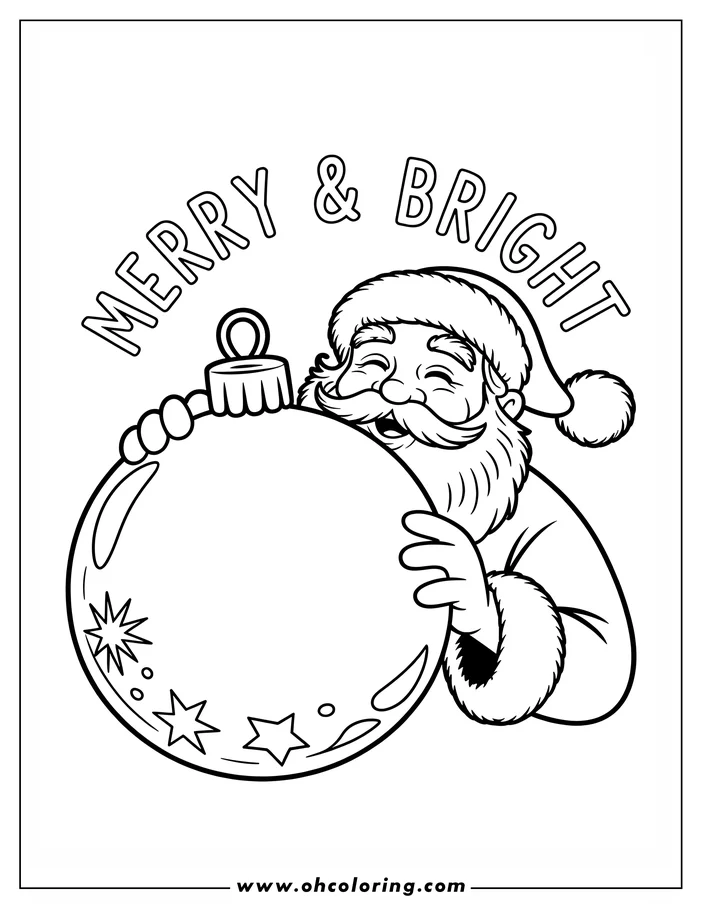 Santa Claus hugging a large ornament decorated with stars.