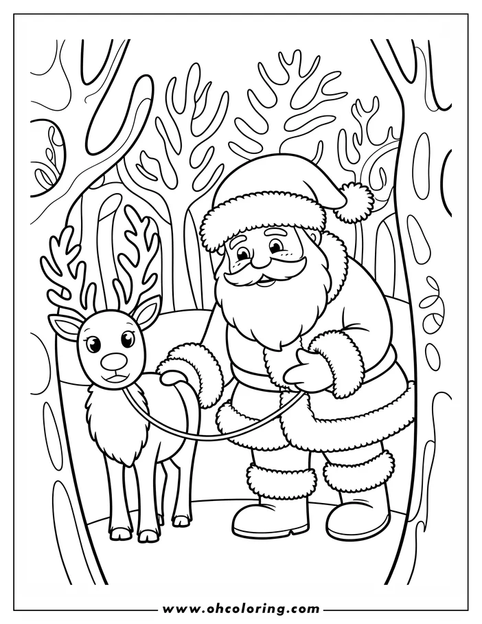 Santa Claus holds a reindeer's leash in a snowy forest setting.