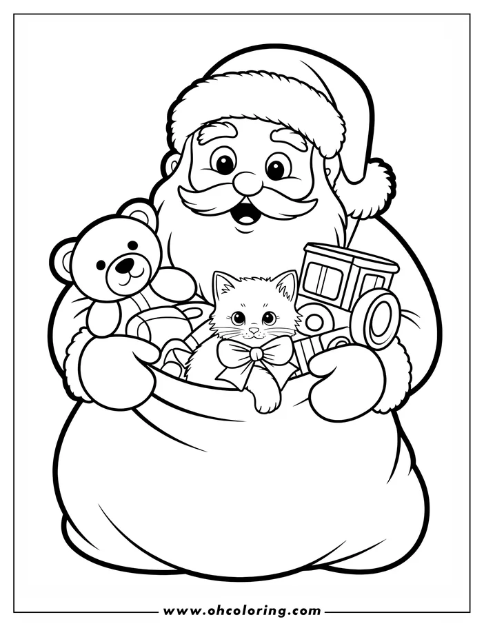 Santa Claus holding a sack full of toys, including a teddy bear, a kitten, and a toy train.