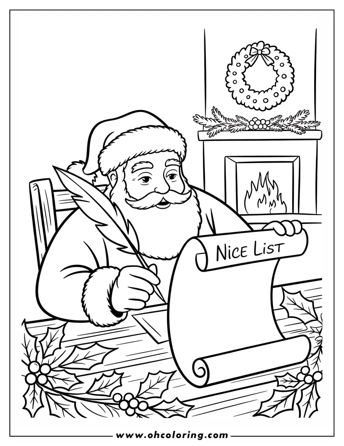 Santa Claus writing his nice list by the fireplace, decorated with a wreath and holly.