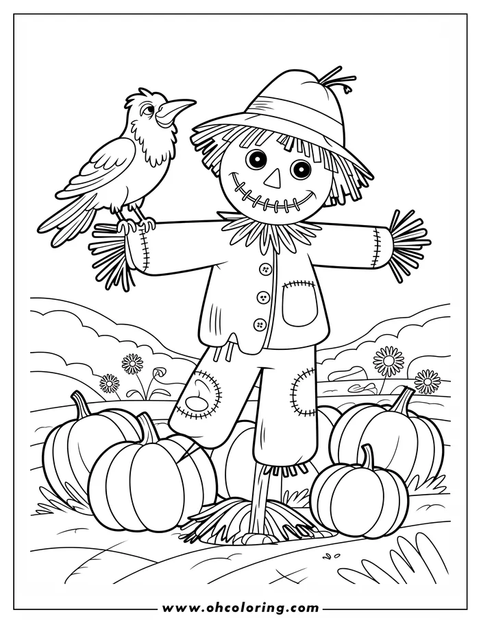 Line art of a scarecrow with a crow on its arm, surrounded by pumpkins in a field. The scarecrow has a patched outfit, a straw hat, and a stitched smile.
