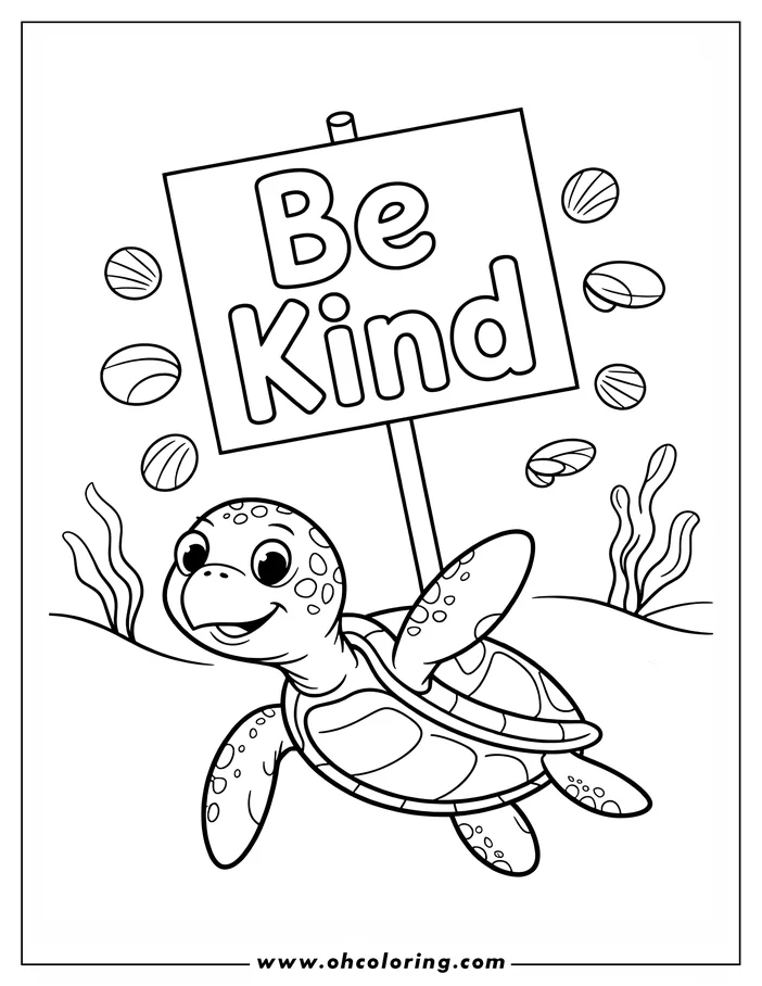 Line art of a cheerful sea turtle holding a "Be Kind" sign, surrounded by seashells and seaweed.