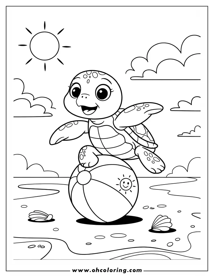Outline of a cheerful sea turtle balancing on a beach ball at the seaside with seashells scattered on the sand.