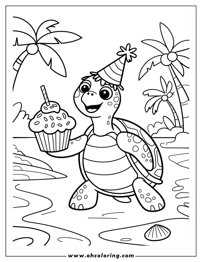 Line art of a sea turtle wearing a party hat and holding a birthday cupcake on a tropical beach.  A seashell and two palm trees are visible in the background.