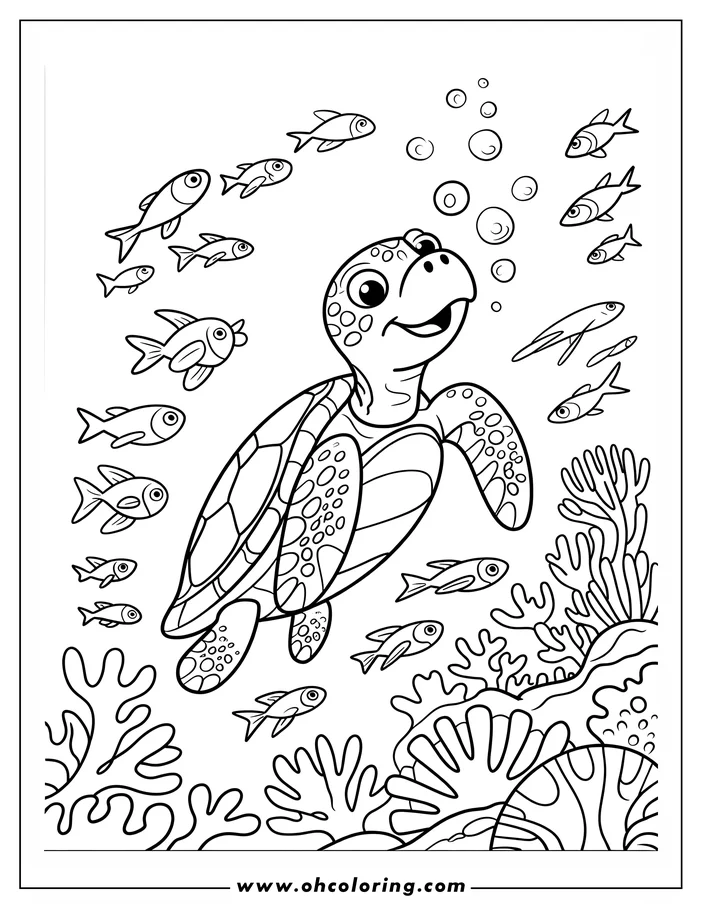 Line art of a sea turtle swimming above a coral reef with small fish around it.