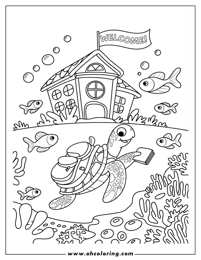 Line art of a sea turtle with a backpack and book swimming toward an underwater schoolhouse, surrounded by fish and coral.