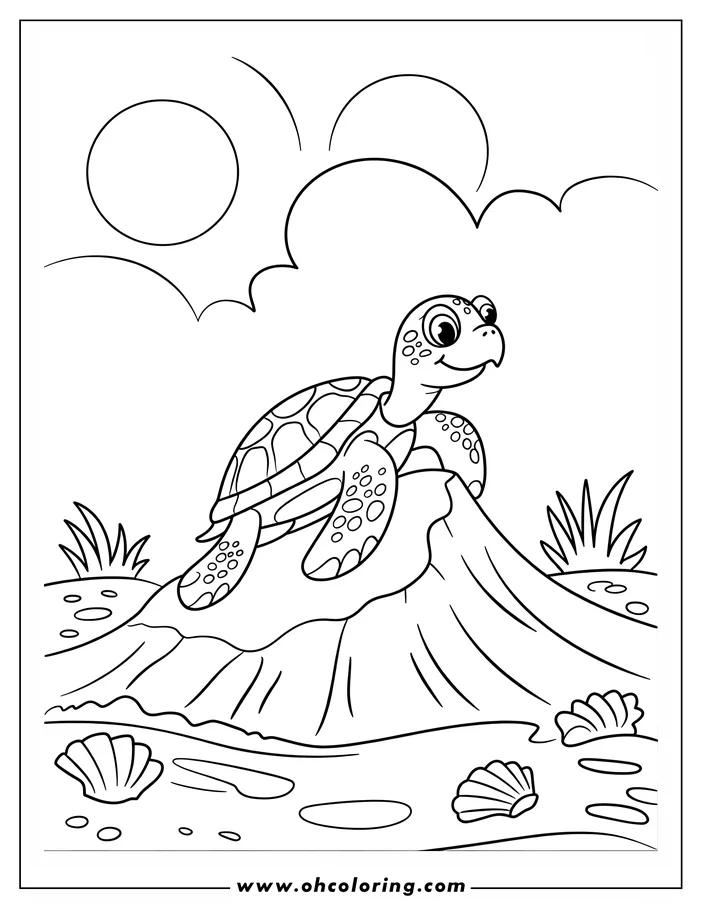 Outline of a sea turtle resting on a rock by the ocean, with seashells on the beach and the sun shining.