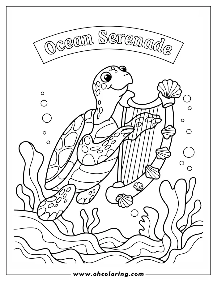 Line art of a sea turtle playing a harp decorated with seashells, surrounded by seaweed and bubbles on the ocean floor.
