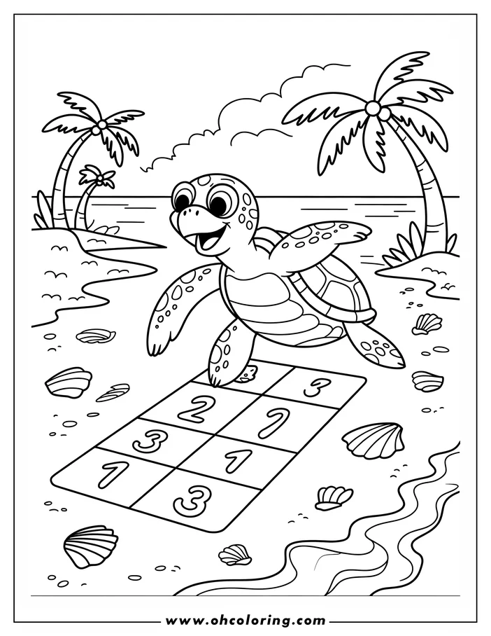 Line art of a sea turtle playing hopscotch on a beach with palm trees and seashells.