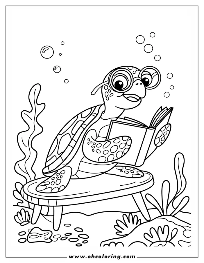 Line art of a sea turtle wearing glasses, sitting on a stool and reading a book underwater. Bubbles float around its head, and seaweed and shells are visible on the seabed.