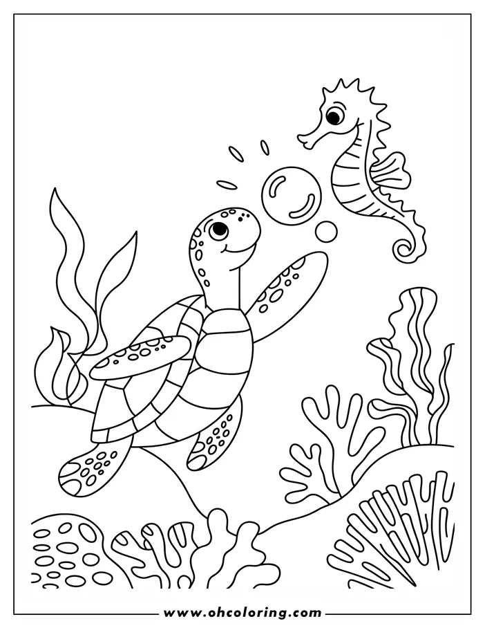 Outline of a cartoon sea turtle and seahorse playing with bubbles underwater, surrounded by seaweed and coral.