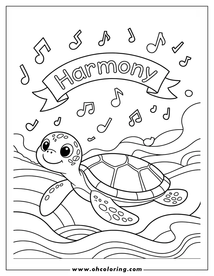 Line art of a cheerful sea turtle swimming in the ocean with musical notes floating around it.