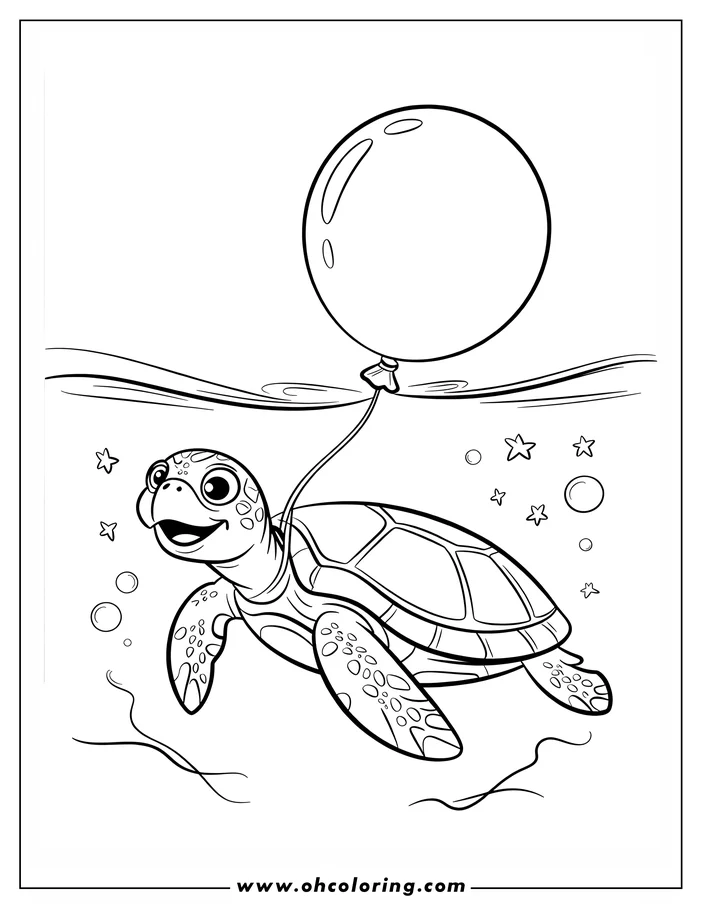 Outline of a cheerful sea turtle swimming with a large balloon. Small stars and bubbles decorate the underwater scene.