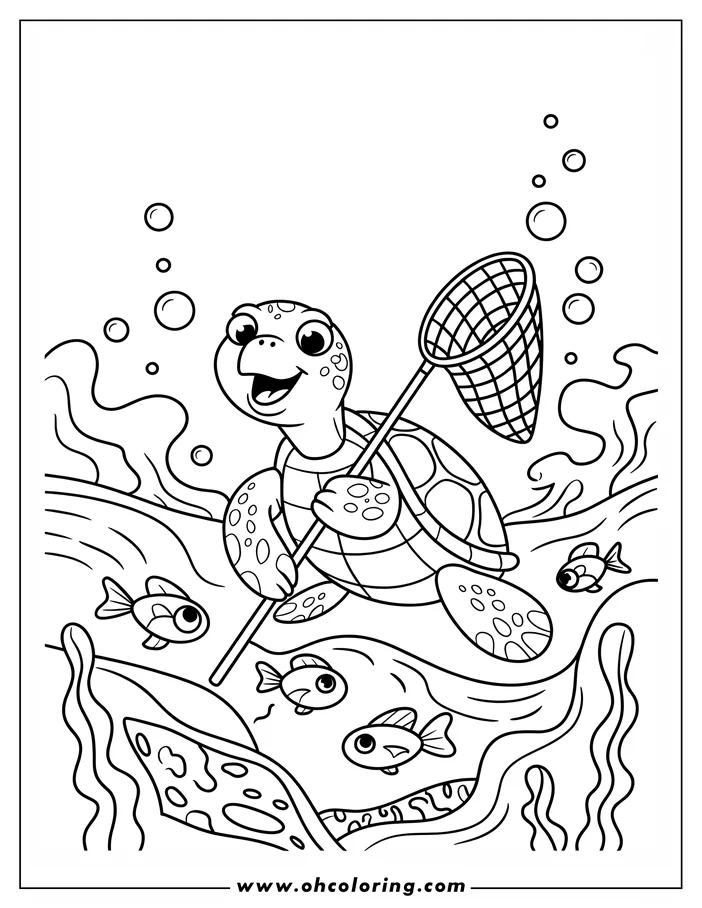 Line art of a sea turtle swimming with a net, with small fish and bubbles around it.