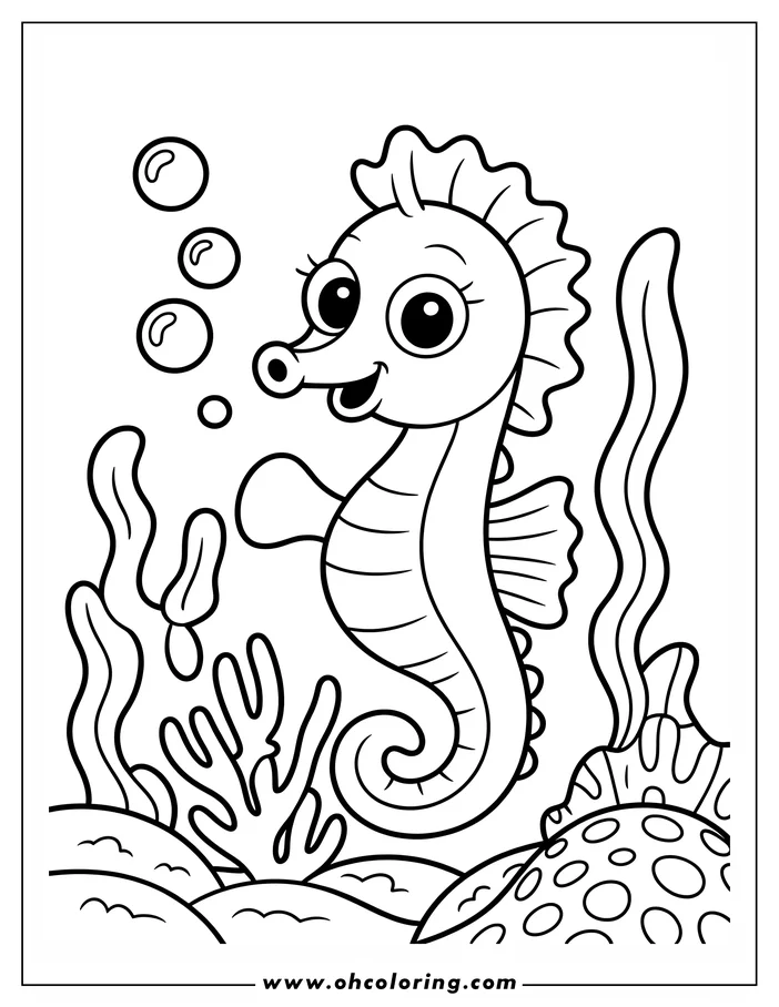 Line art of a cartoon seahorse swimming underwater amidst seaweed and coral. It has large eyes, a ruffled mane, and a curled tail. Bubbles float near its snout.
