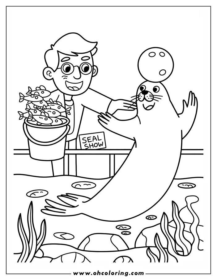 Outline of a seal balancing a ball at the zoo, with a zookeeper holding fish in the background.