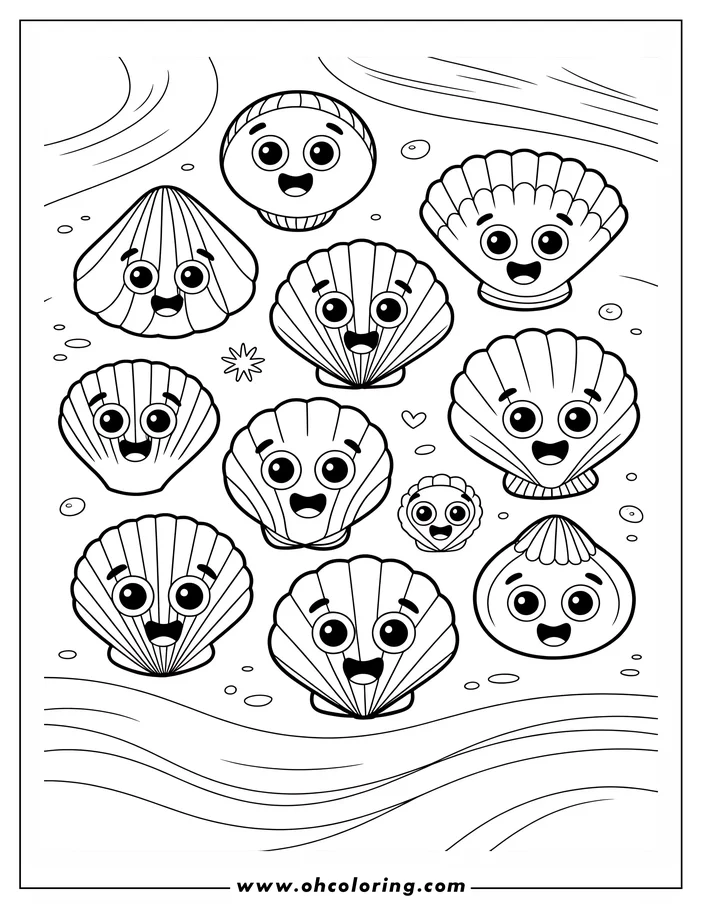 Line art of several happy seashells on the ocean floor