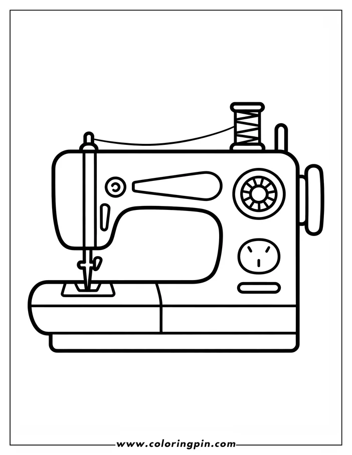 Line art of a sewing machine with a spool of thread, ready for coloring.