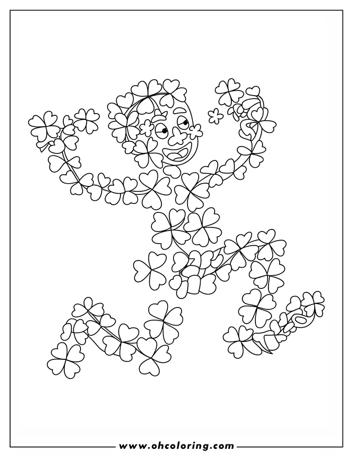 Whimsical line art depicts a figure running, entirely composed of four-leaf clovers, with a joyful face visible. This St. Patrick's Day-themed coloring page design is ready for creative coloring.