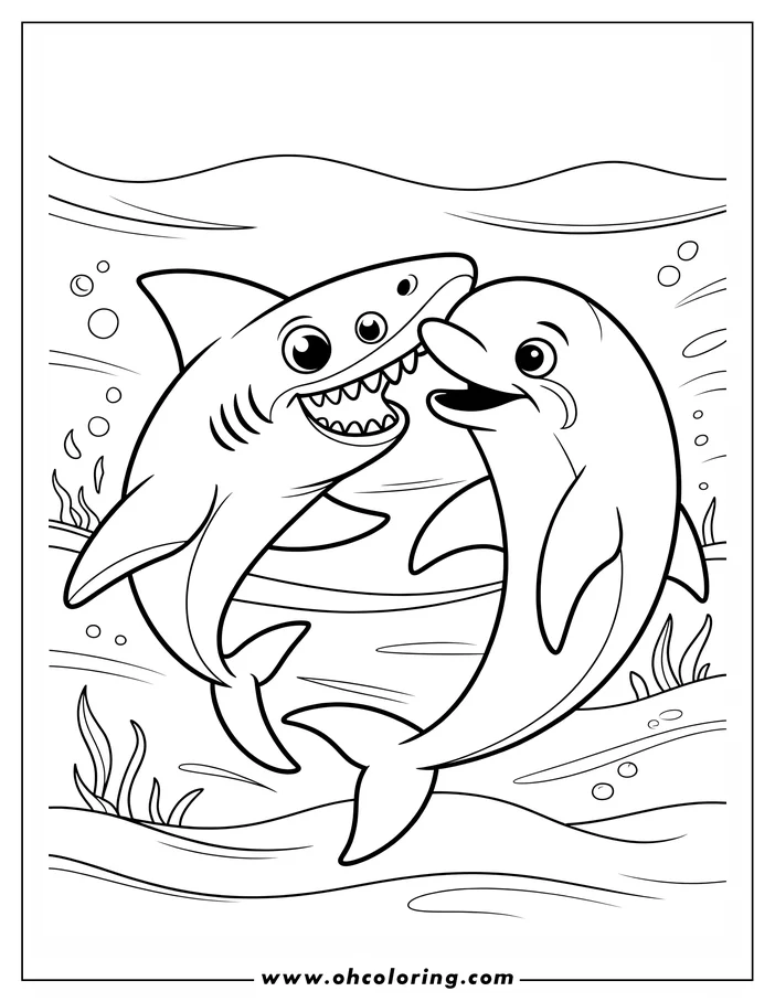 Line art of a friendly shark and dolphin playing together underwater. Seaweed and bubbles add to the scene.