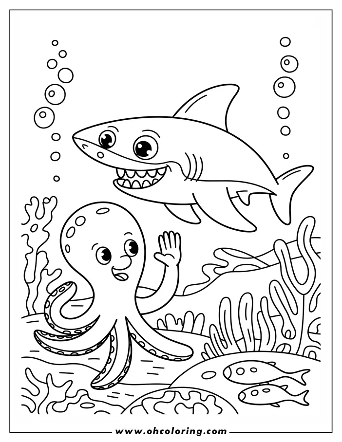 A cartoon shark and octopus are depicted underwater, surrounded by seaweed, bubbles, and small fish.