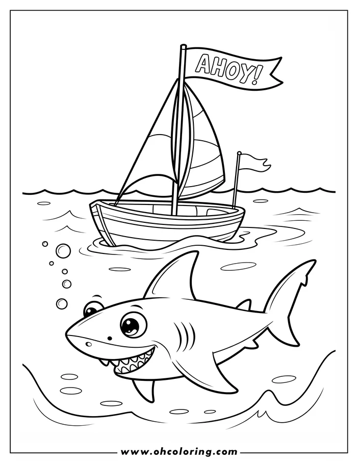 Line art of a cartoon shark swimming beneath a sailboat on a wavy ocean. The sailboat has an "Ahoy" flag.