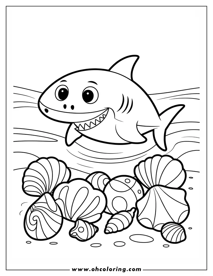 Line art of a friendly cartoon shark swimming over various seashells on the ocean floor.
