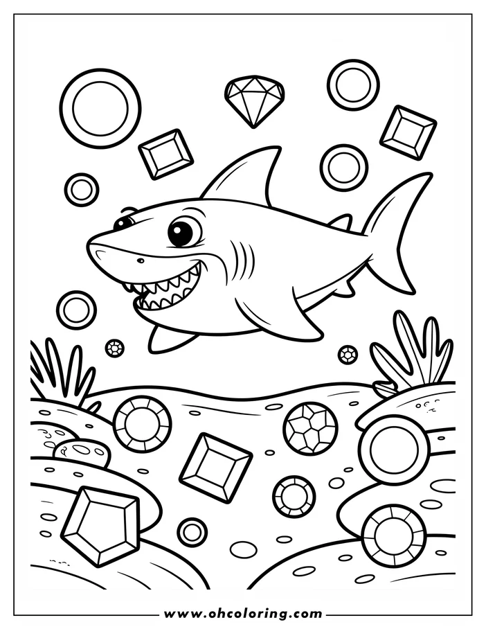 Cartoon shark swimming above a seabed covered in treasure such as gems and gold coins.