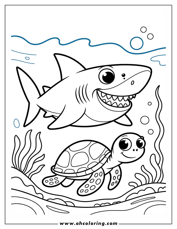 Line art of a smiling shark and a sea turtle swimming underwater, surrounded by seaweed.