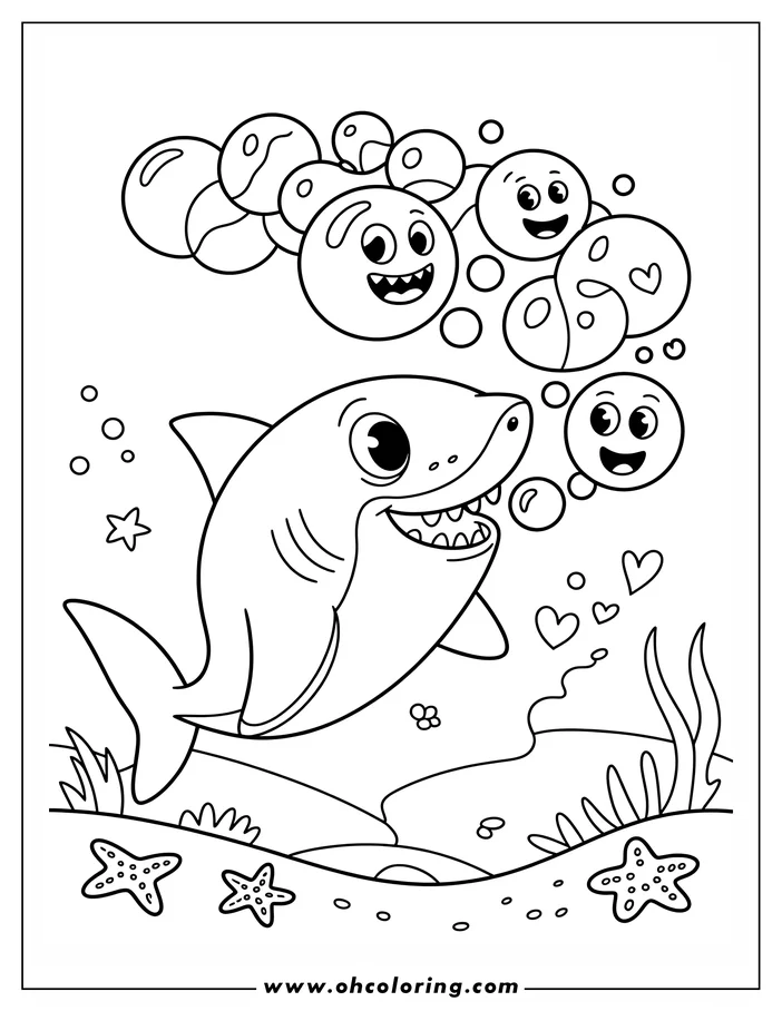 Cartoon shark blowing bubbles underwater, surrounded by starfish and seaweed.