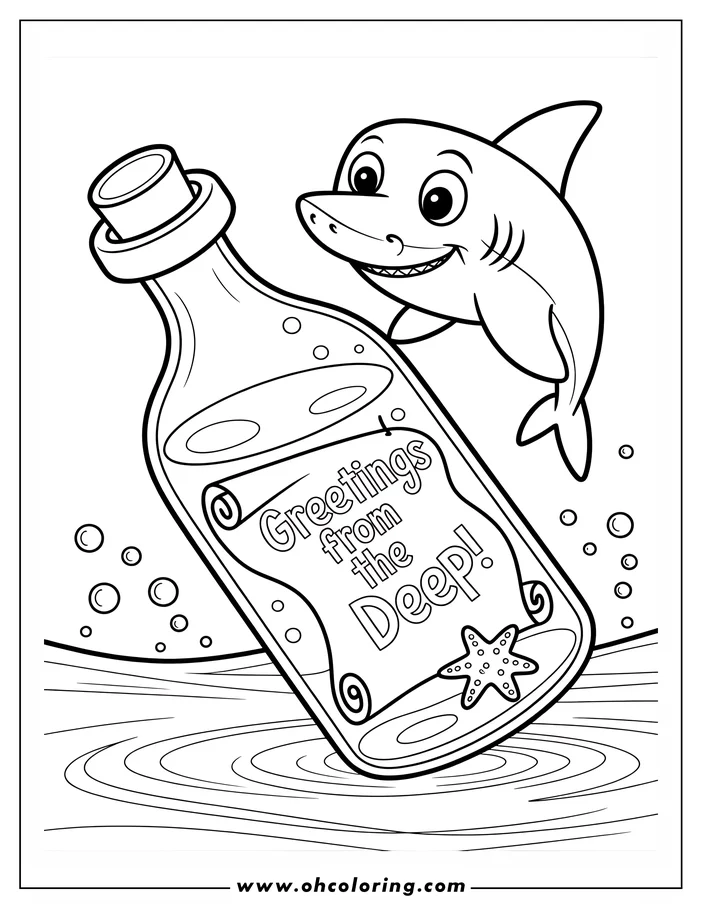 Cartoon shark swimming next to a message in a bottle that says 'Greetings from the deep'.