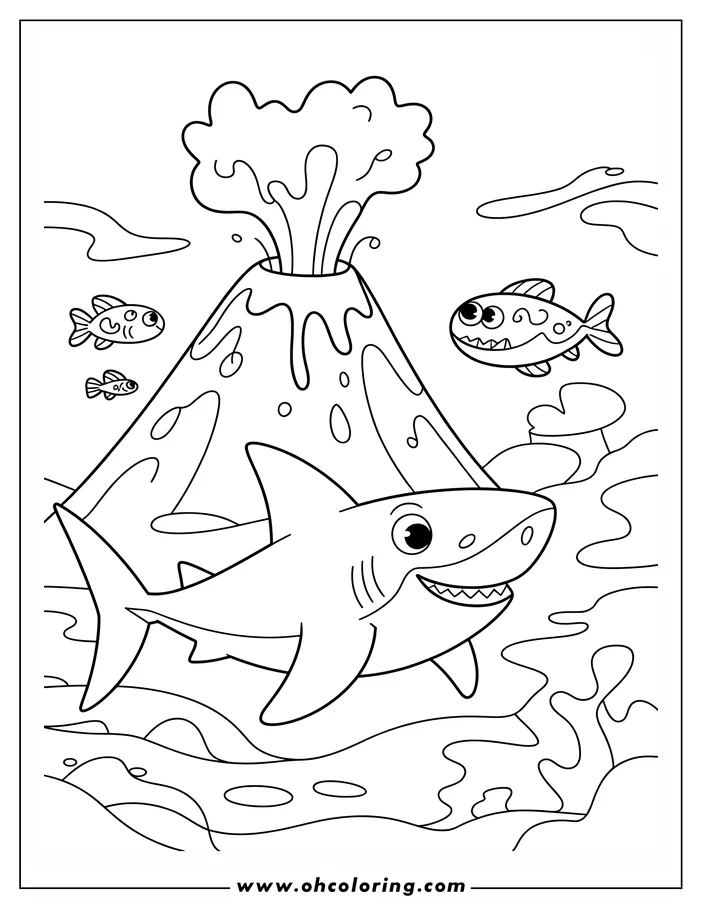 Cartoon shark swimming near an erupting underwater volcano, with two small fish nearby.