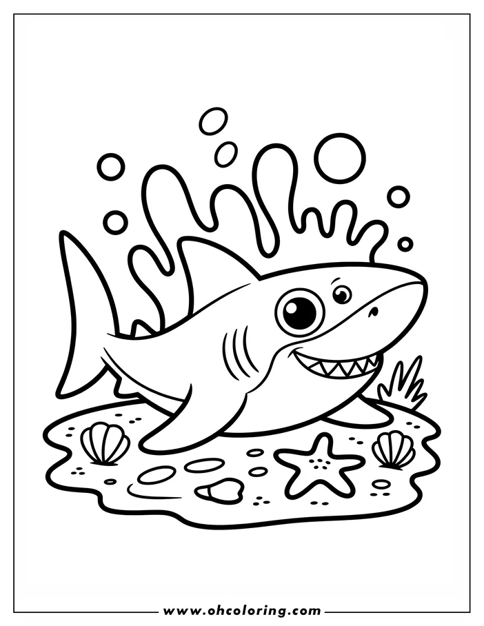 Cartoon shark swimming above the ocean floor with seashells and starfish below.