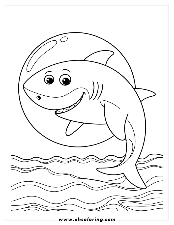 Line art of a cartoon shark swimming in the ocean. It has a happy expression and is surrounded by stylized waves.
