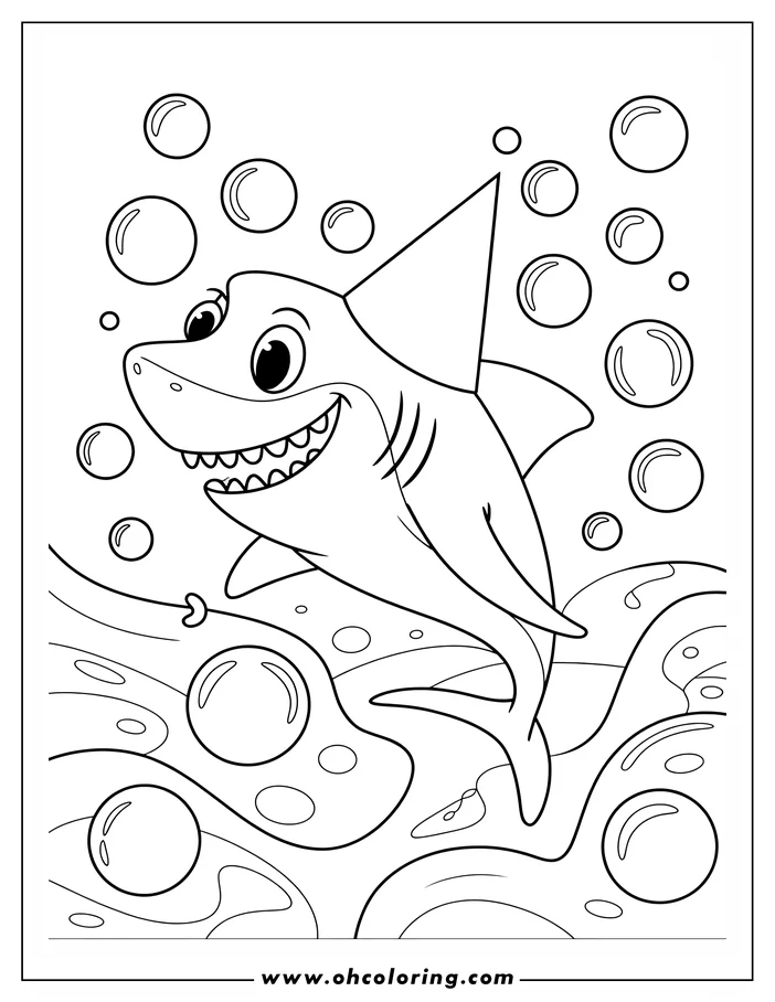 Line art of a cheerful shark wearing a party hat, swimming among bubbles.