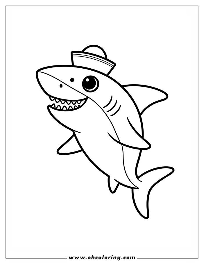 Outline of a cartoon shark wearing a sailor's hat and smiling cheerfully