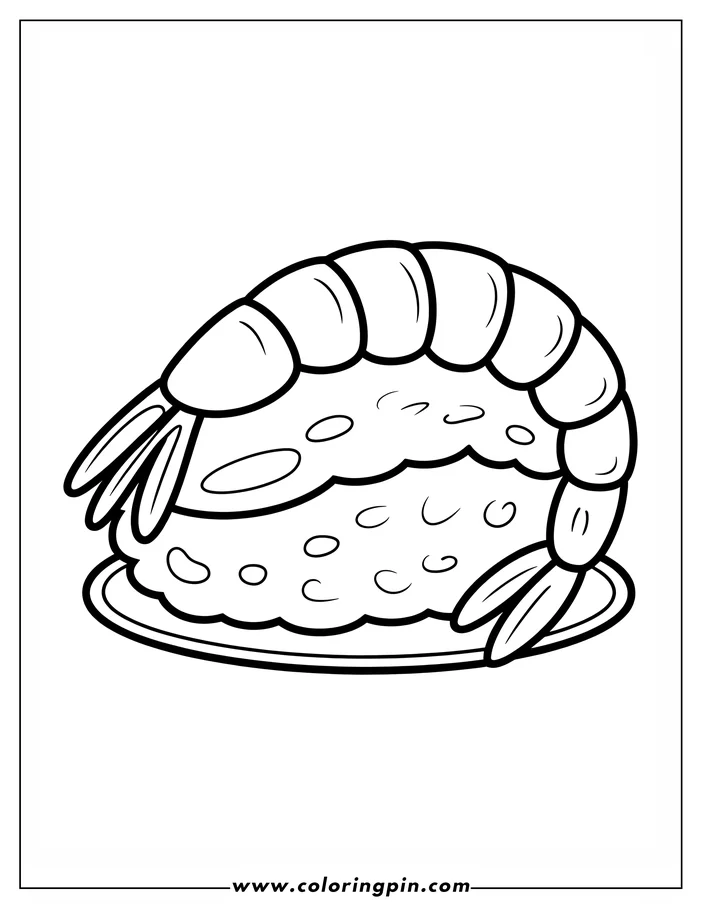 Outline of a shrimp resting on a mound of rice on a plate.
