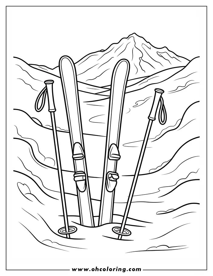 Line art of skis and poles stuck in the snow, with a mountain in the background. This coloring sheet design evokes a winter sports scene.