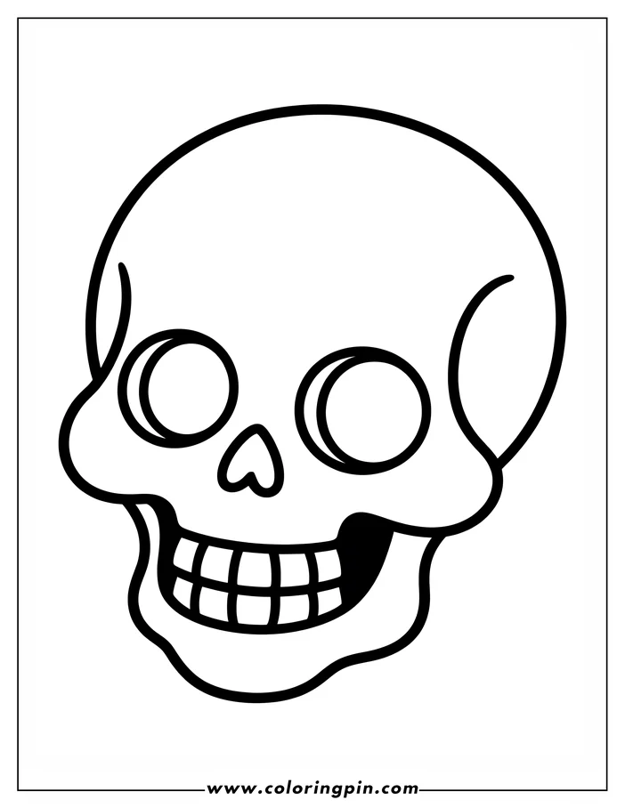 Outline of a skull with large eye sockets, triangular nose, and a wide grin showing teeth.