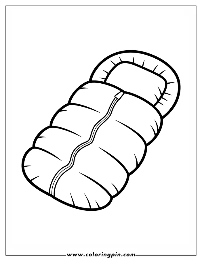Outline of a quilted sleeping bag with an open top and zipper.