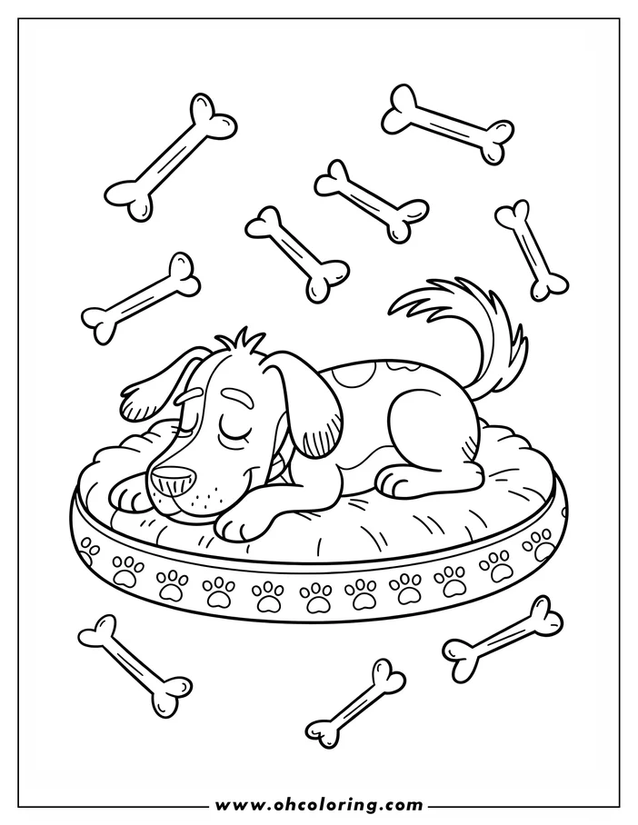 A spotted dog sleeping soundly on its bed, surrounded by dog bones.