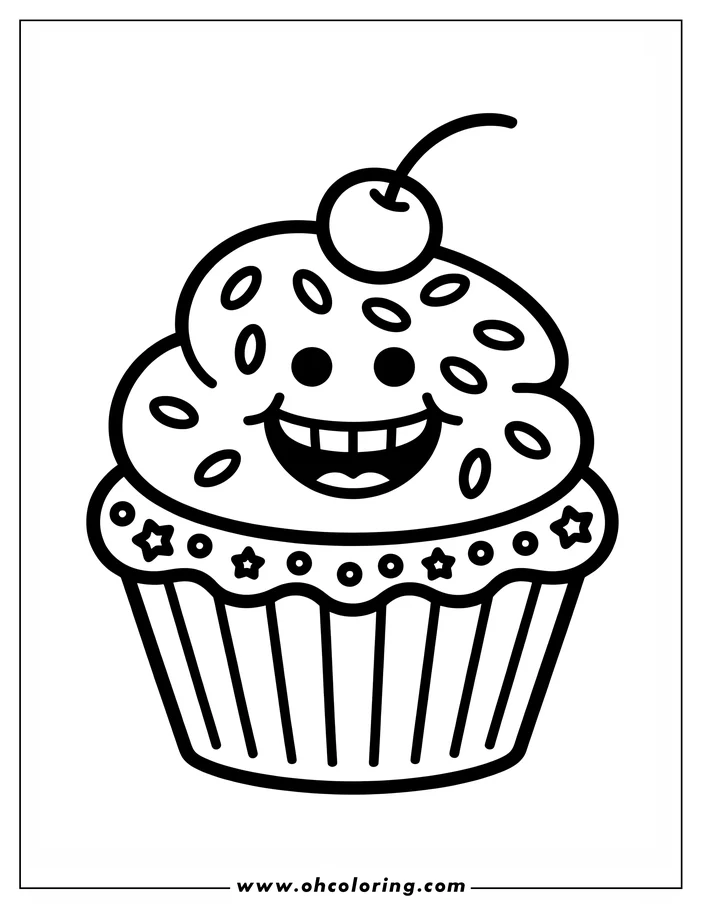 Line art of a smiling cupcake with sprinkles and a cherry on top