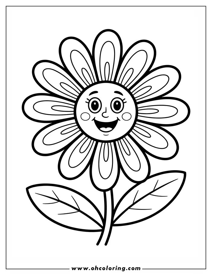 Line art of a smiling flower with large petals and two simple leaves.