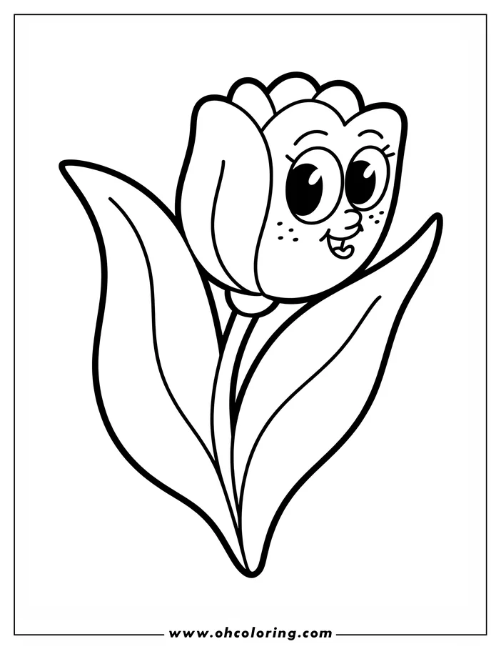 Line art of a smiling tulip with large, expressive eyes and delicate petals, presented as a simple drawing for coloring.