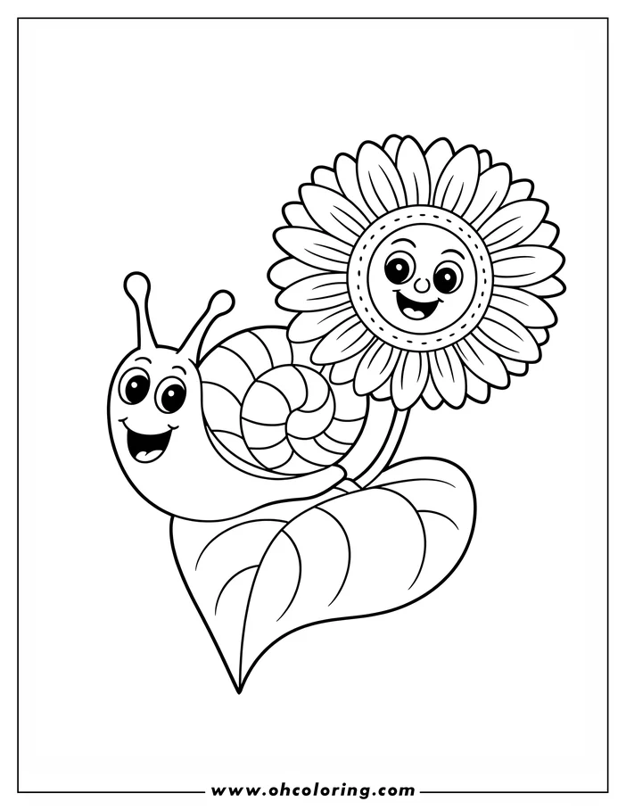 Line art of a smiling snail next to a cheerful flower on a leaf.