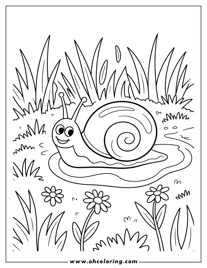 Simple line art of a smiling snail in a spring meadow, surrounded by grass and flowers. This coloring sheet design is perfect for a springtime activity.
